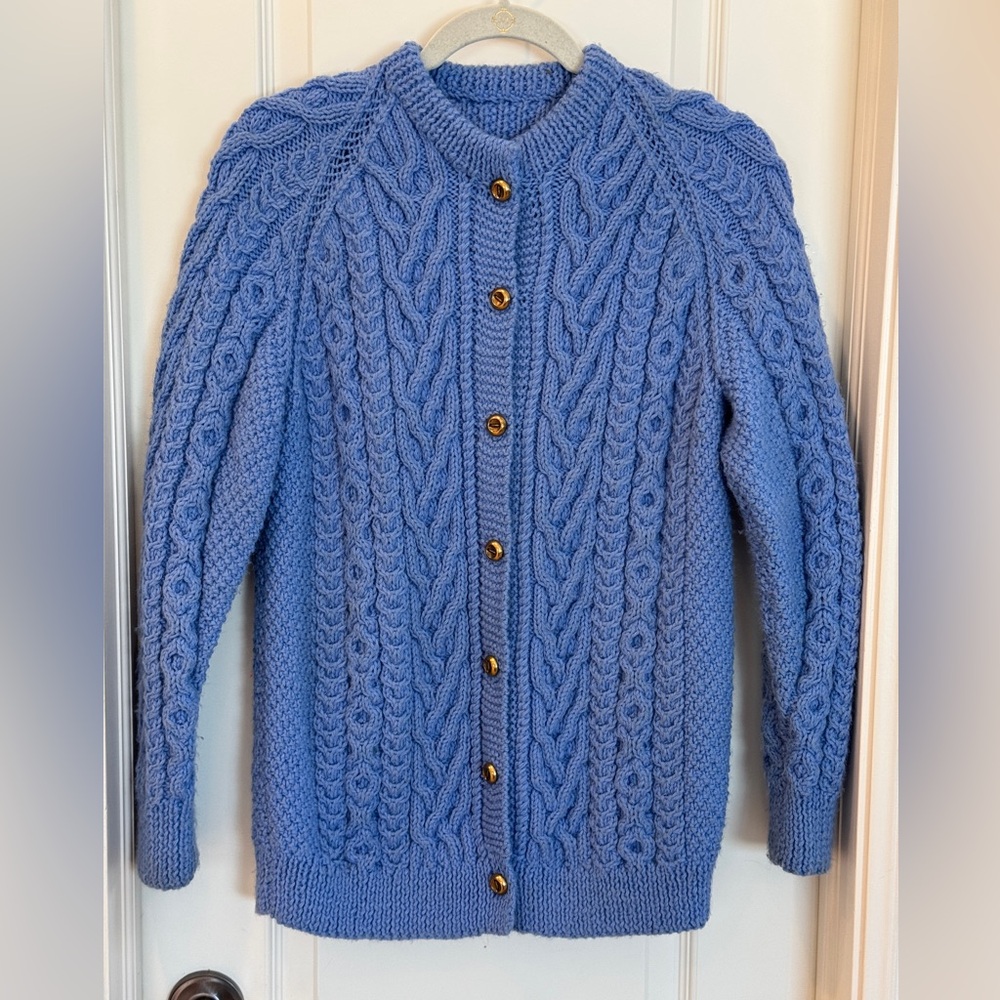 Hand Knit Cable Cardigan Sweater Periwinkle Blue w/ Gold Buttons Size M